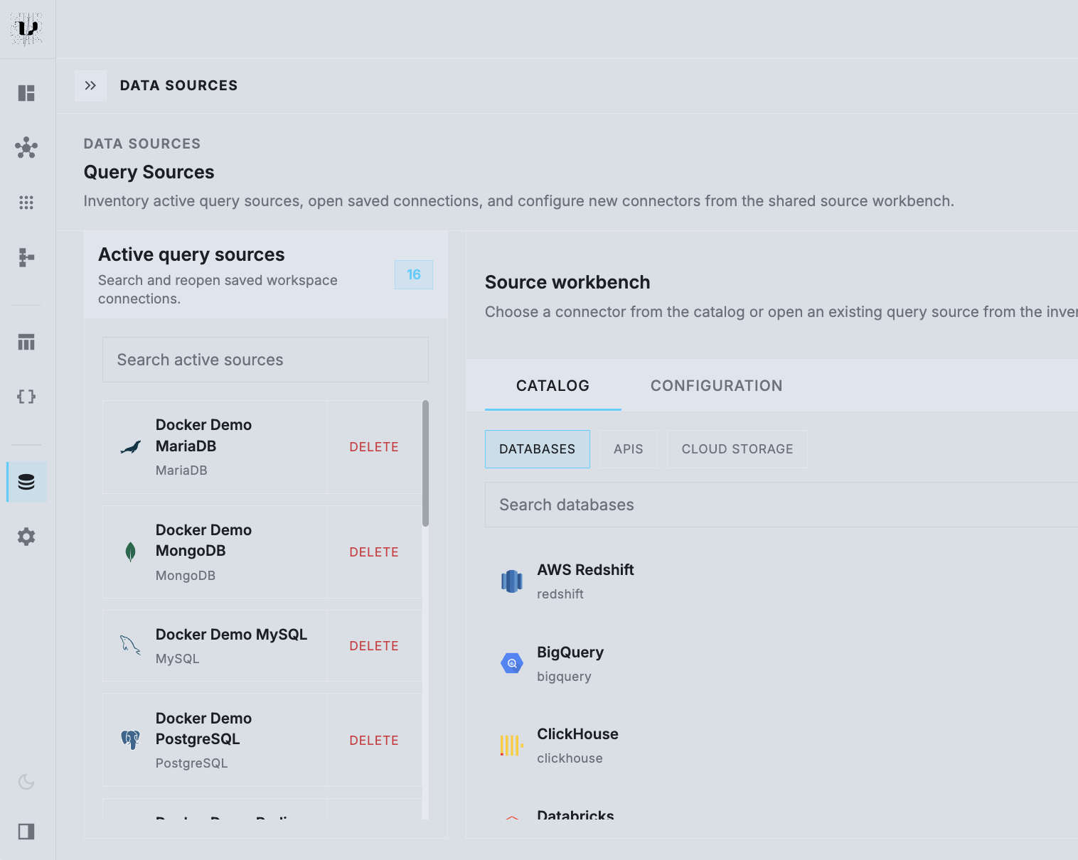 Query sources inventory showing active databases and source workbench catalog options.